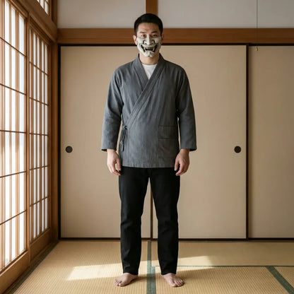 Mann trägt Samue Kimono Cardigan in traditionellem japanischem Washitsu-Zimmer, Frontalansicht