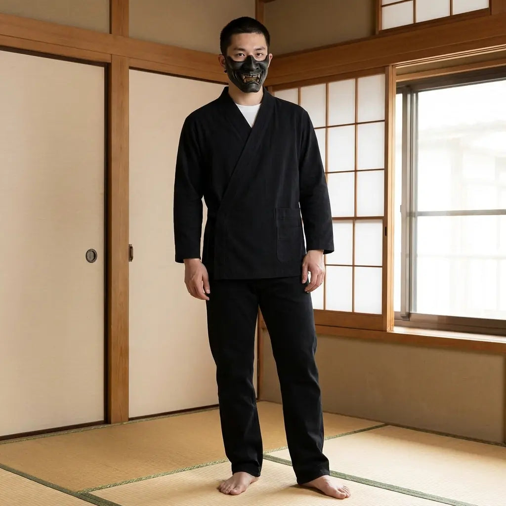 Mann trägt traditionelle japanische Haori Jacke Samue, Vorderansicht