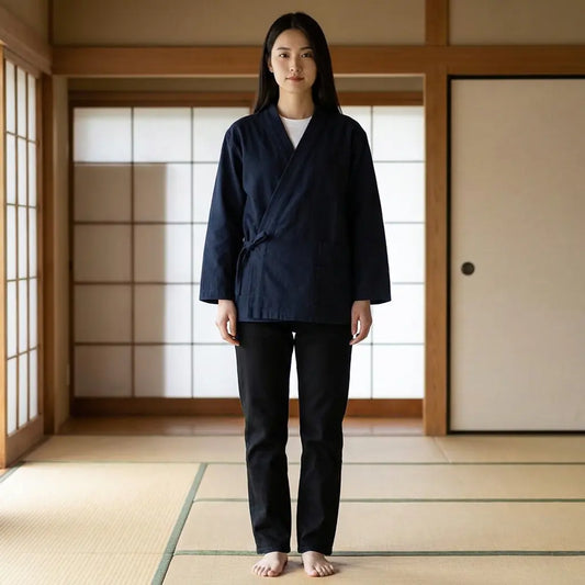 Frau trägt Samue Jacke in einem Washitsu-Raum mit Tatami und Shoji-Schiebetüren