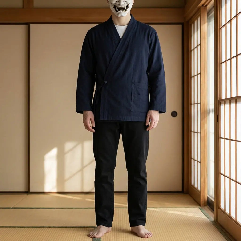 Mann trägt Samue Jacke in einem traditionellen japanischen Raum mit Shoji-Wänden