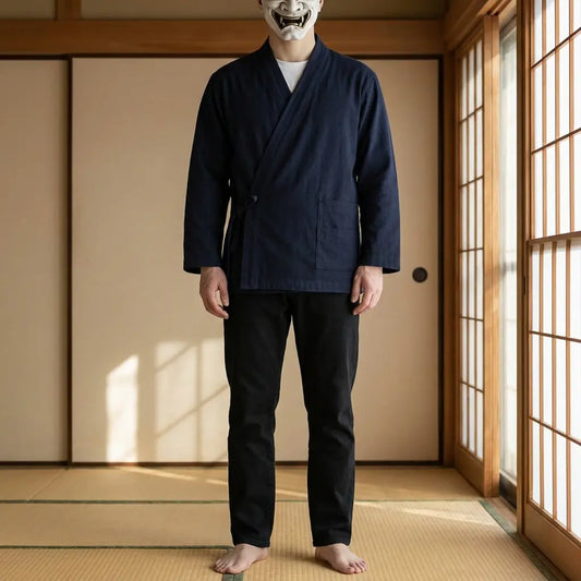 Mann trägt Samue Jacke in einem traditionellen japanischen Raum mit Shoji-Wänden