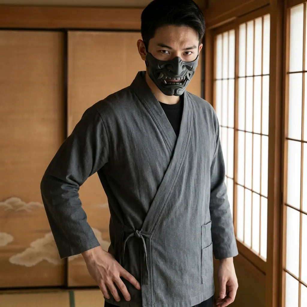 Mann trägt traditionellen Samue Kimono Cardigan in japanischem Washitsu-Zimmer mit Shoji-Schiebetüren