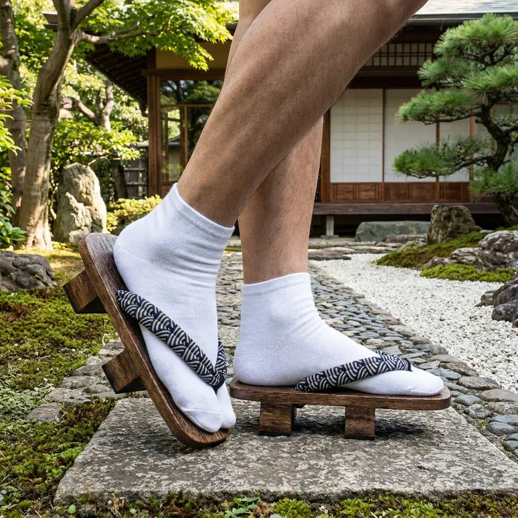 Samurai Geta Sandalen mit weißen Tabi-Socken, schräg fotografiert in einem japanischen Garten