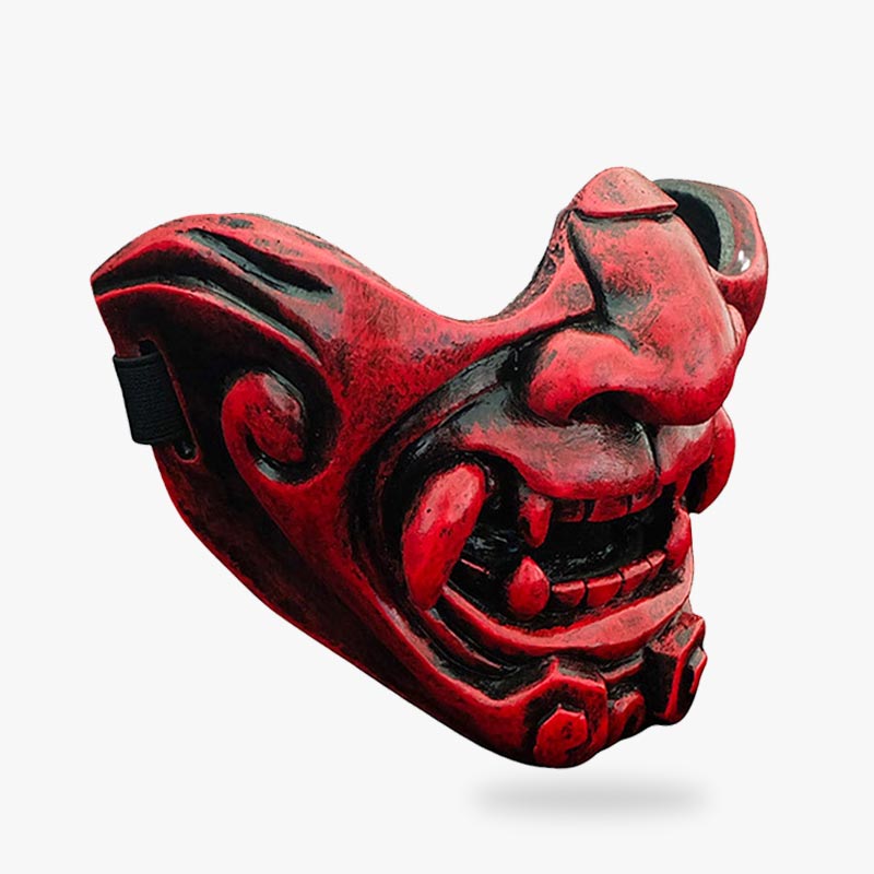 Rote Oni Halbmaske für Samurai Cosplay aus Fiberglas gefertigt