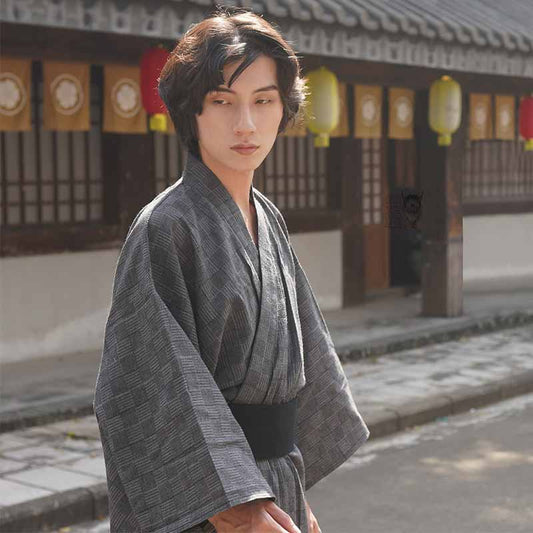 Grauer Samurai Kimono aus Baumwolle als Cosplay-Kostüm für Herren