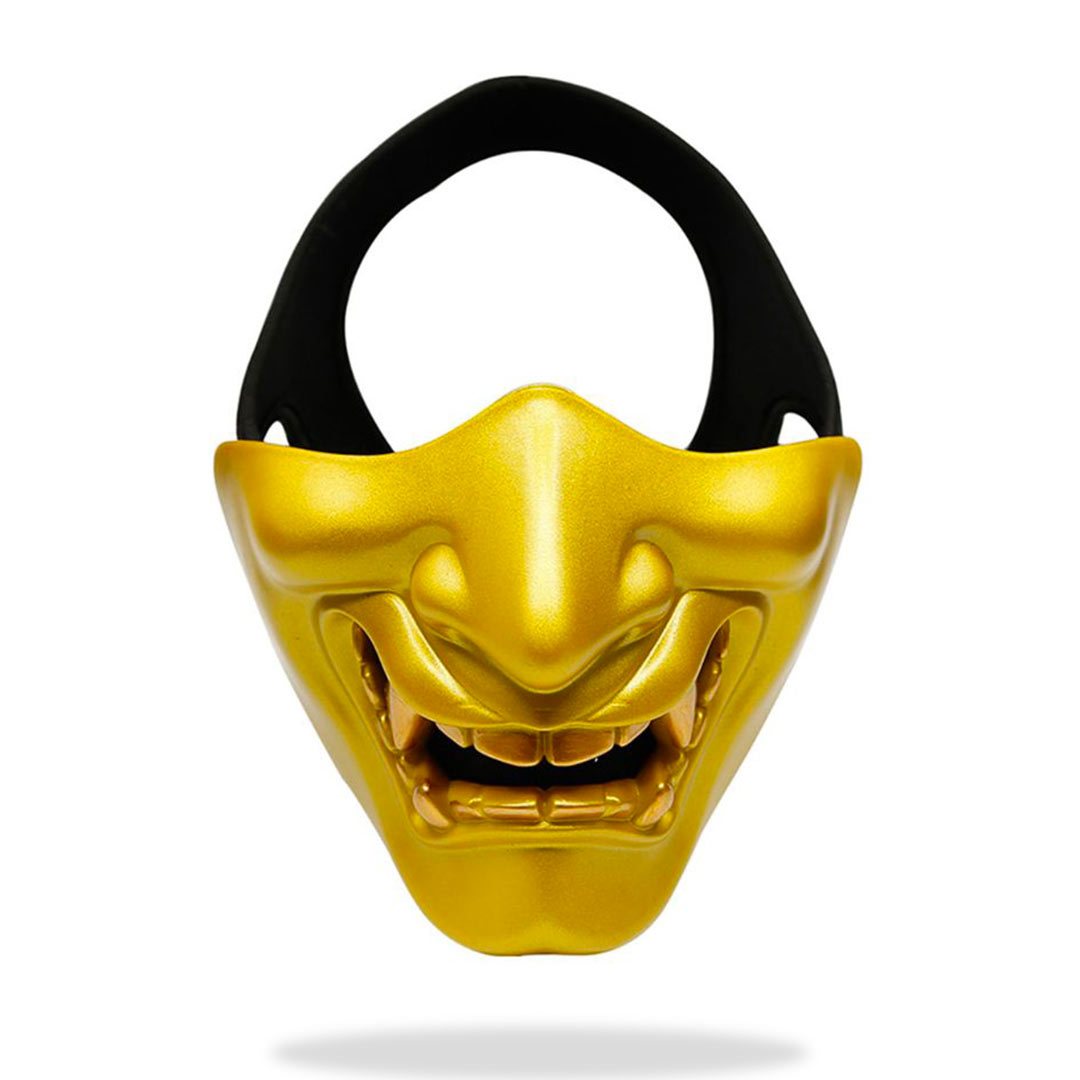 Goldene Oni Halbmaske aus Fiberglas im traditionellen Samurai Stil