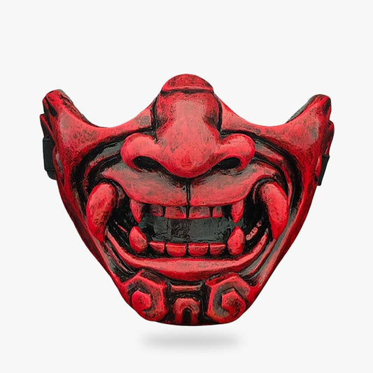 Rote Samurai Oni Maske aus Fiberglas mit von einem Kunsthandwerker bemalter Dämonenoptik