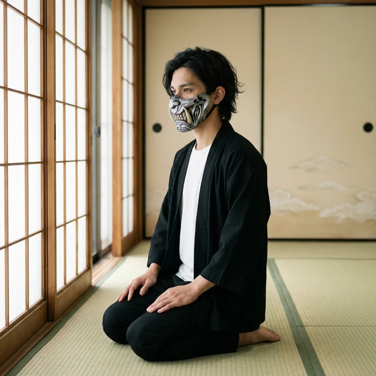 Samurai Oni Maske im Profil mit geschnitzter Wange und Elfenbein-Zahn, kniend auf Tatami