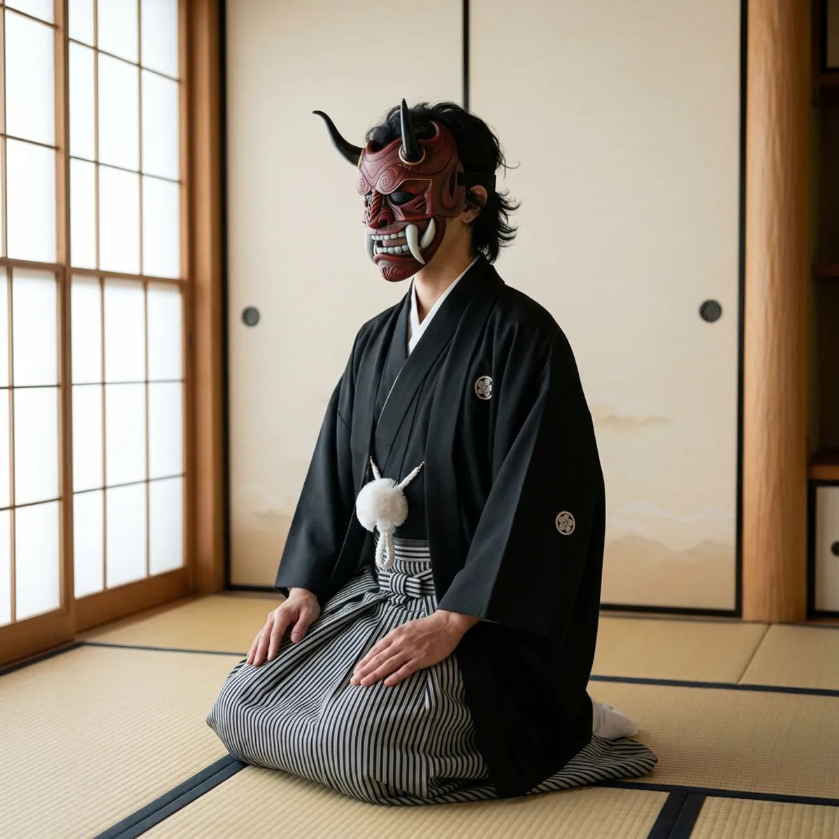 Samurai Oni Maske in Dreiviertelansicht mit Hörnern und Fangzähnen, kniend auf Tatami im schwarzen Kimono
