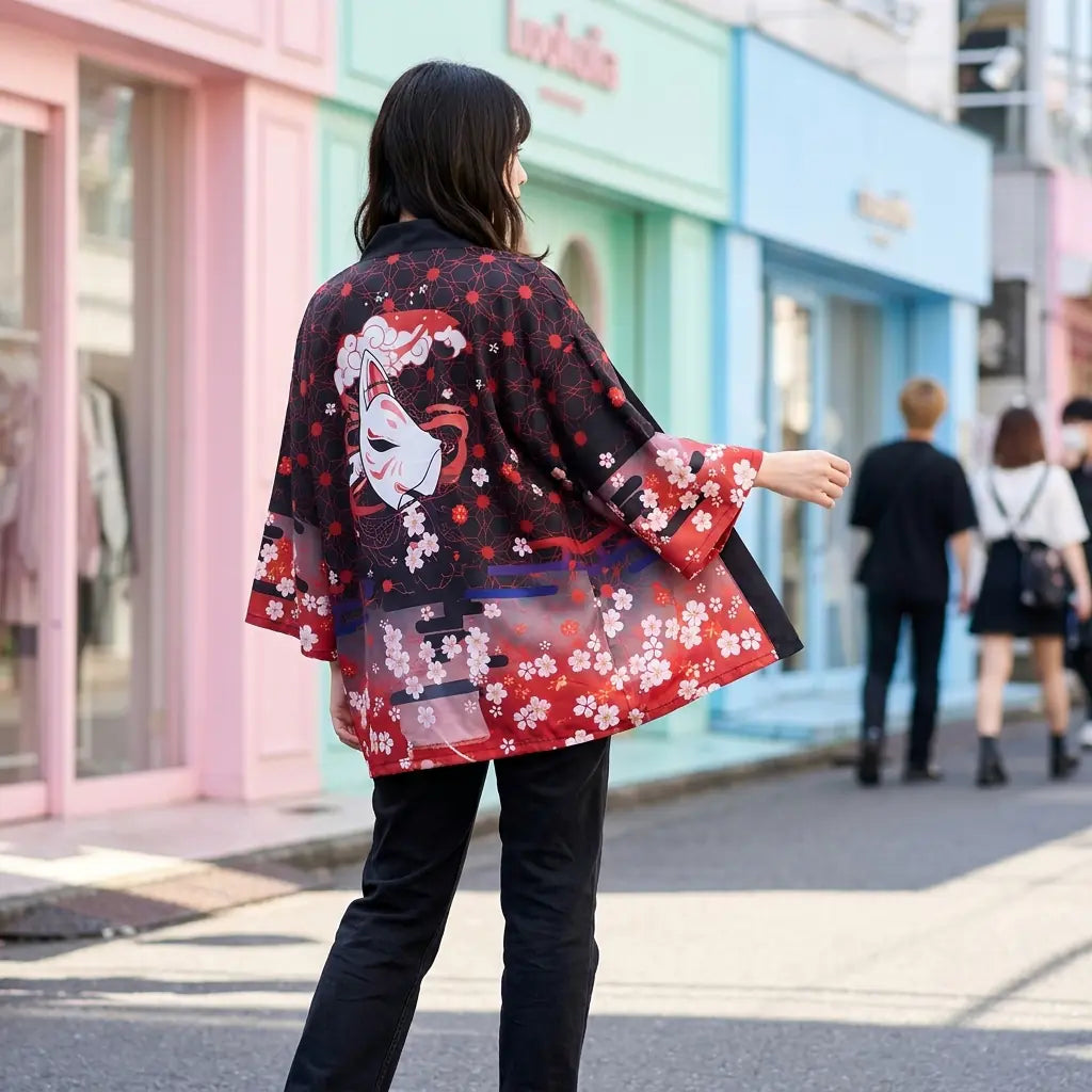 Scharlachrote Fuchs Haori Jacke für Damen offen getragen in einer japanischen Einkaufsstraße