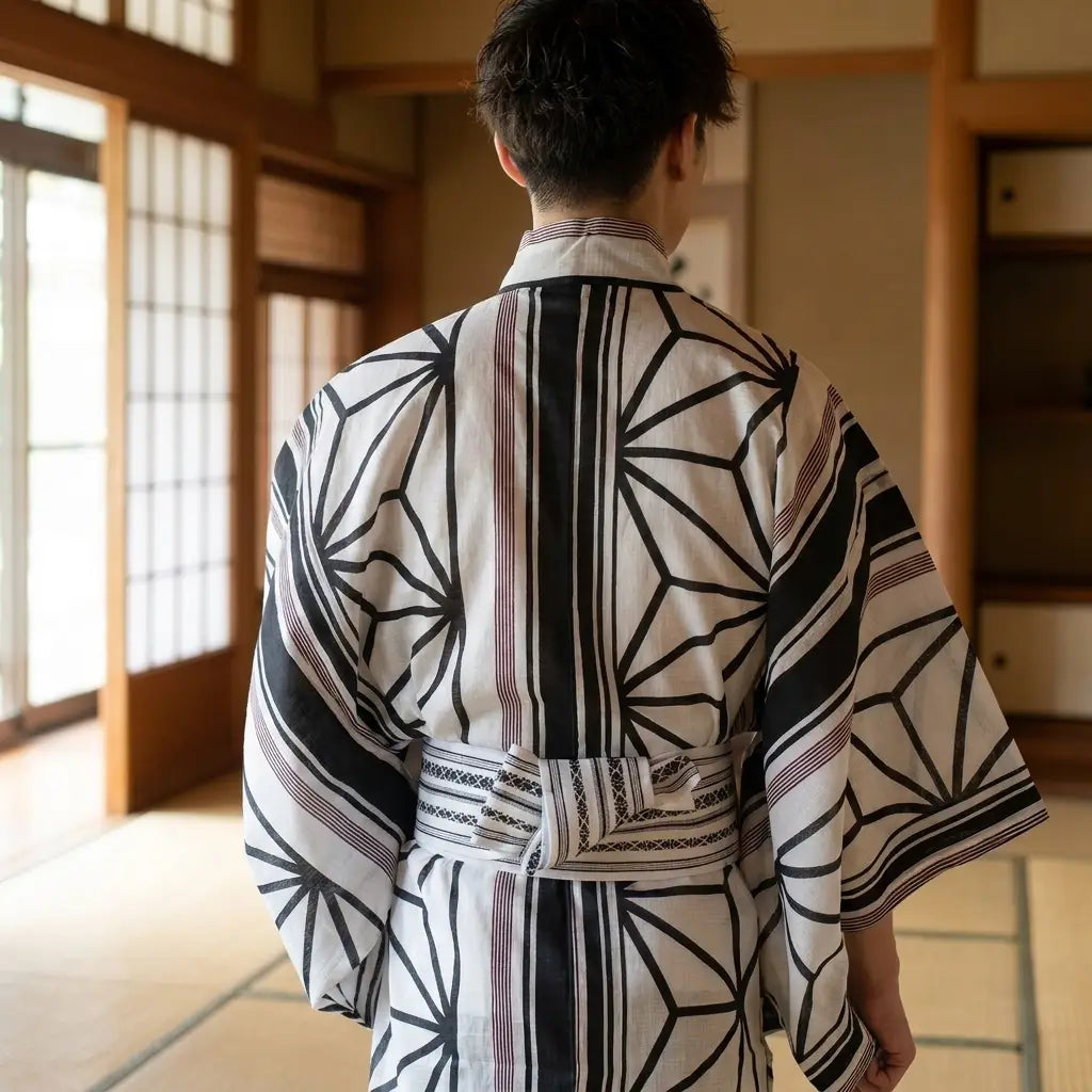 Rückansicht des schwarz weißen Herren-Kimonos mit Symbolmuster