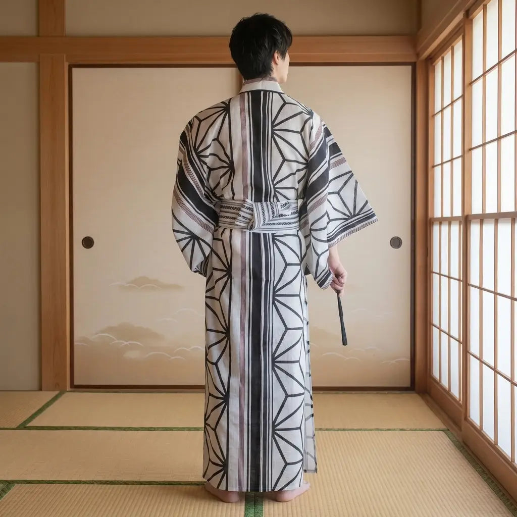 Herren-Kimono Schwarz Weiß mit gerader Silhouette von hinten