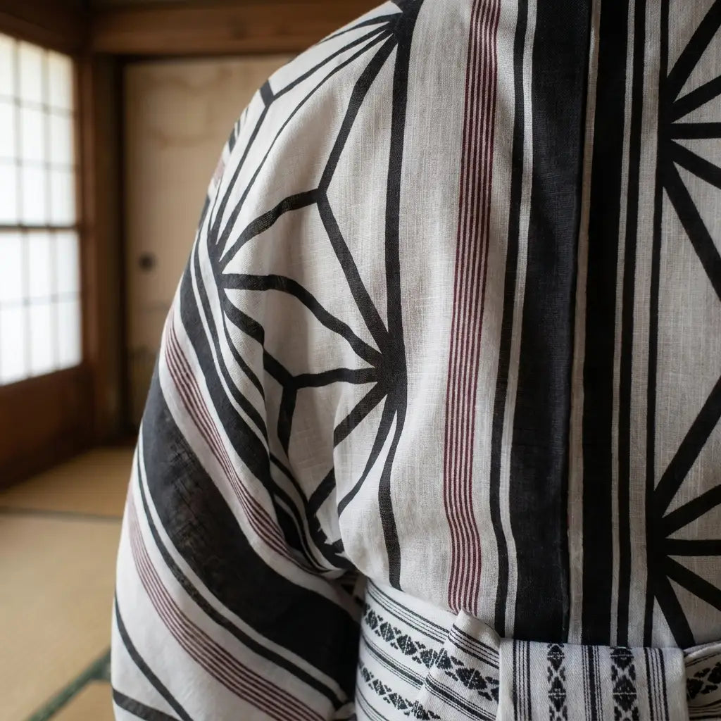 Herren-Kimono in Schwarz und Weiß offen getragen, Rückansicht