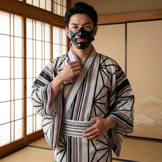 Schwarz weißer Herren-Kimono mit grafischem Japan-Muster von vorne