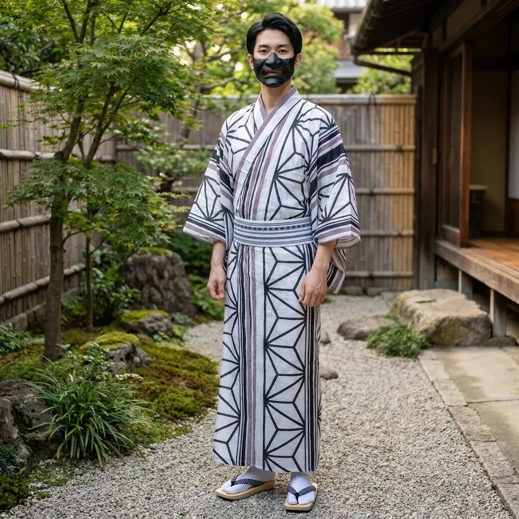 Detailansicht des grafischen Musters am Herren-Kimono vorne