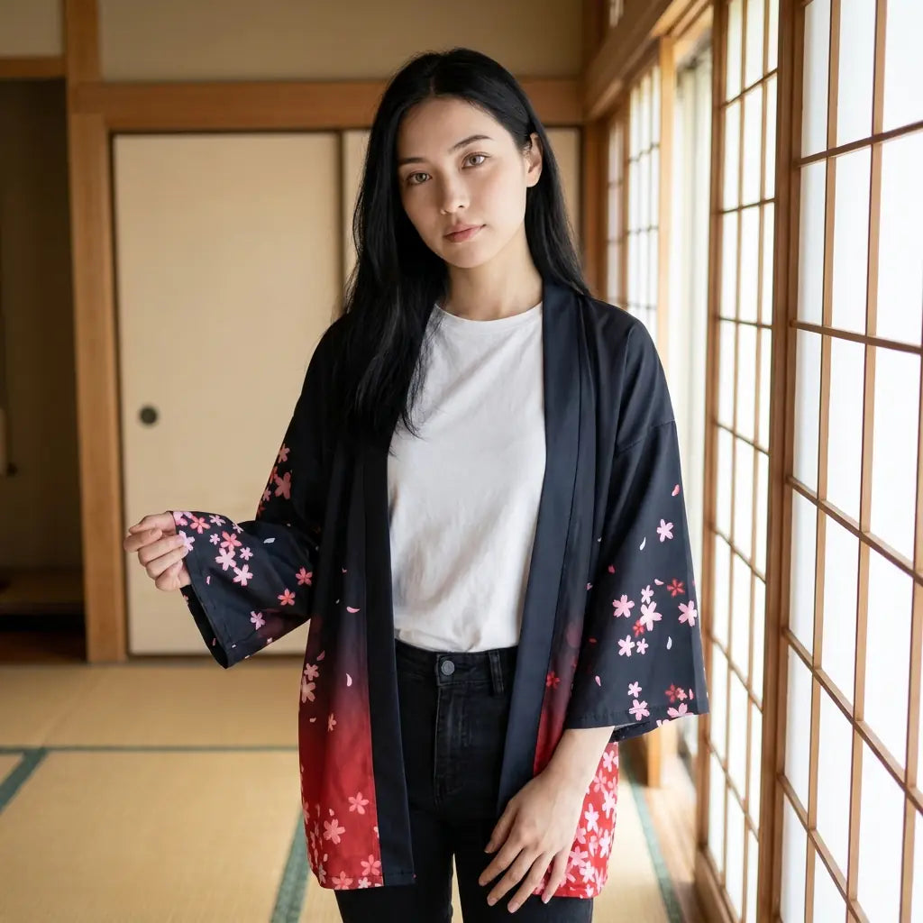 Nahaufnahme der schwarzen Haori Jacke mit Blütenprint vor Shoji-Wänden