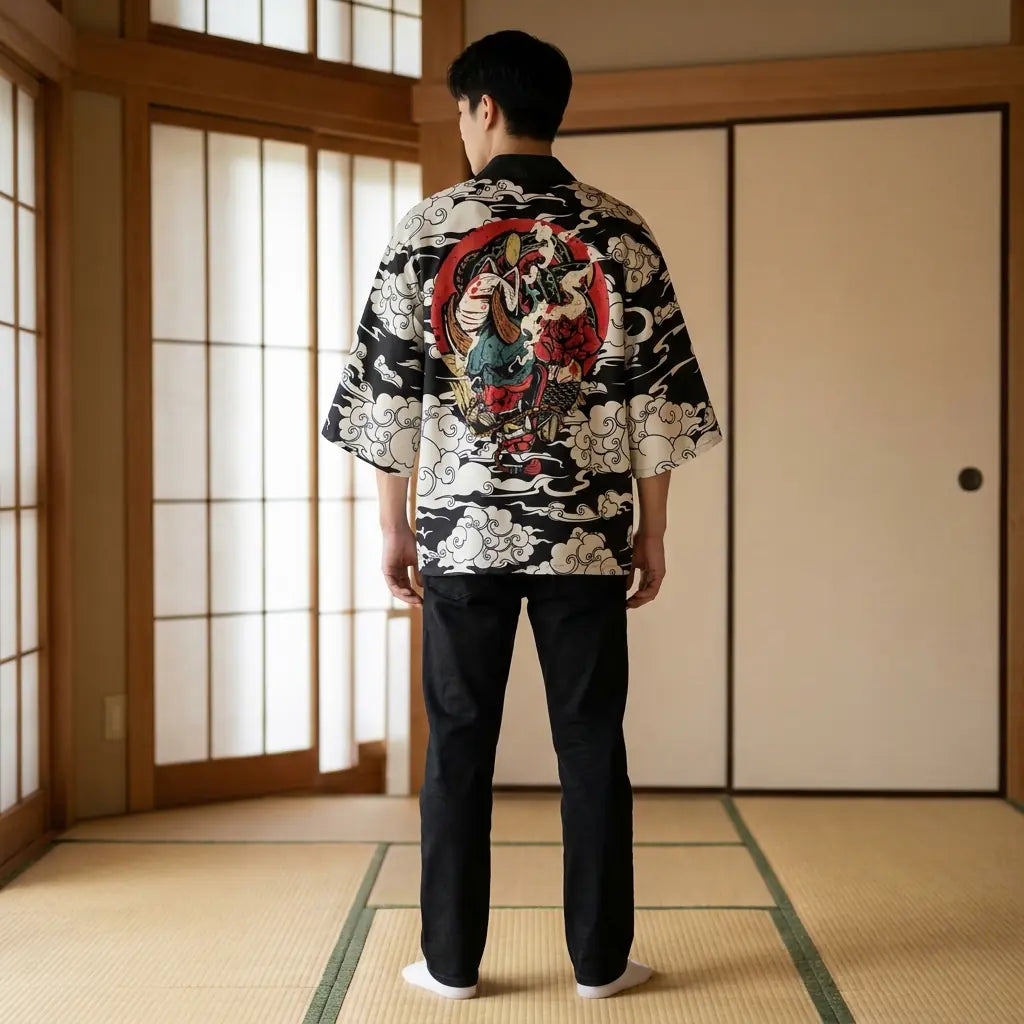 Rückansicht der schwarzen Haori Jacke mit vollständigem Rückenmotiv