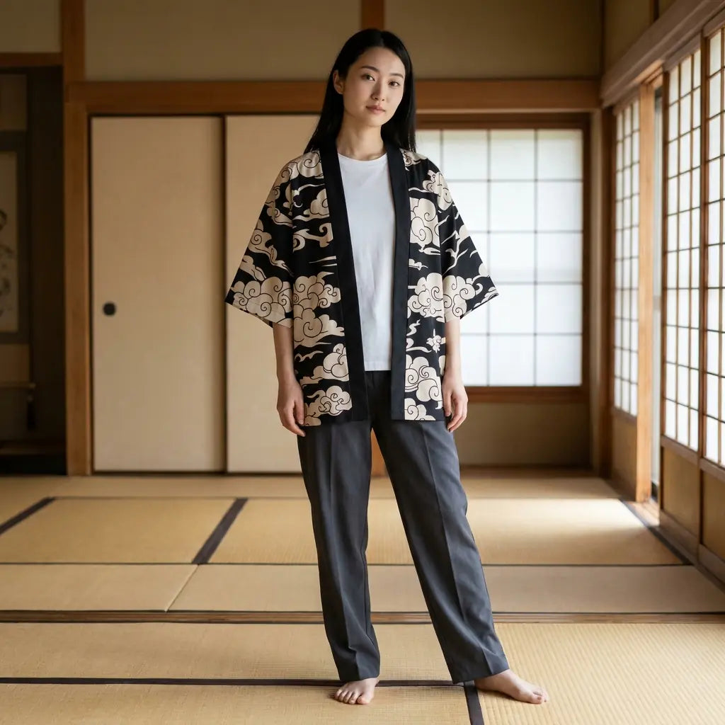 Frau trägt schwarze Haori Jacke in einem Raum mit Tatami und Shoji