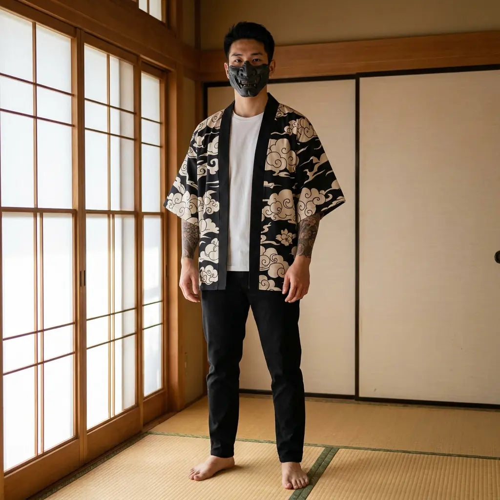 Mann trägt schwarze Haori Jacke in traditionellem japanischen Raum, Vorderansicht
