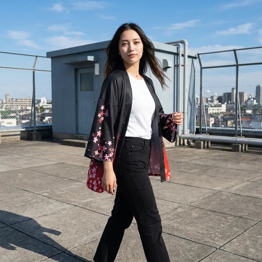 Schwarze Kitsune Sakura Kimono Jacke auf einer Dachterrasse mit Fuchsmaske am Rücken