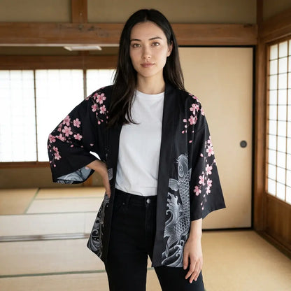 Schwarze Koi-Fisch Kimono-Jacke von vorne mit Karpfenmotiv am Ärmel
