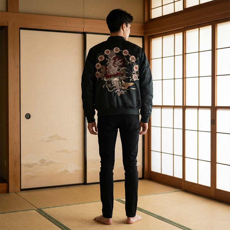 Person trägt schwarze Raijin Jacke mit Blumenstickerei in traditionellem japanischem Raum