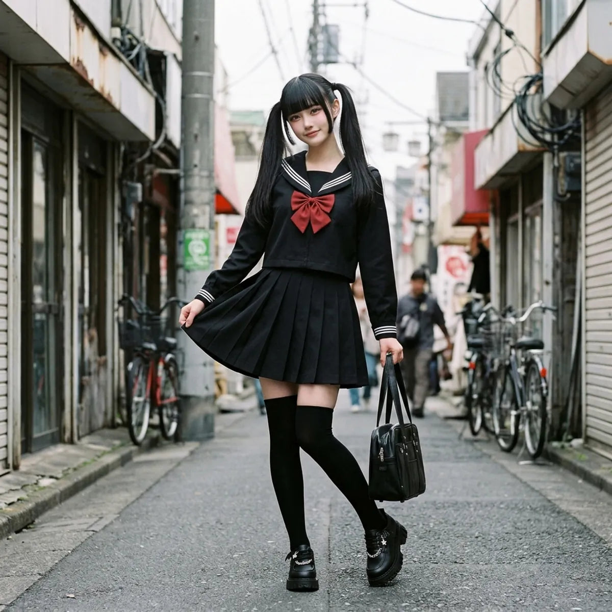 Schwarze Sailor Fuku Uniform mit roter Schleife und Schultasche in einer Seitenstraße