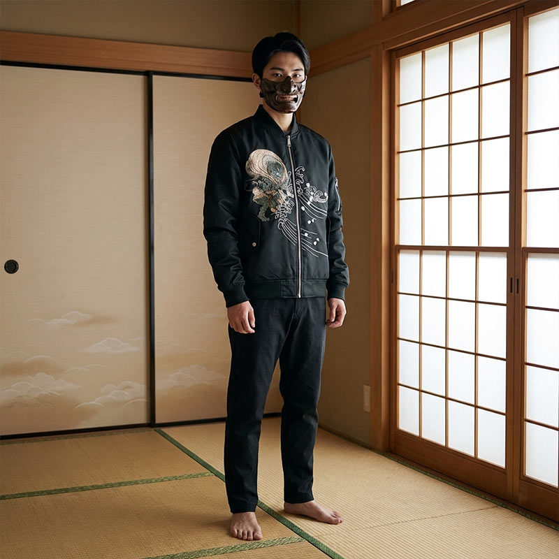Person trägt schwarze Souvenirjacke mit Fujin Motiv in traditionellem japanischem Raum