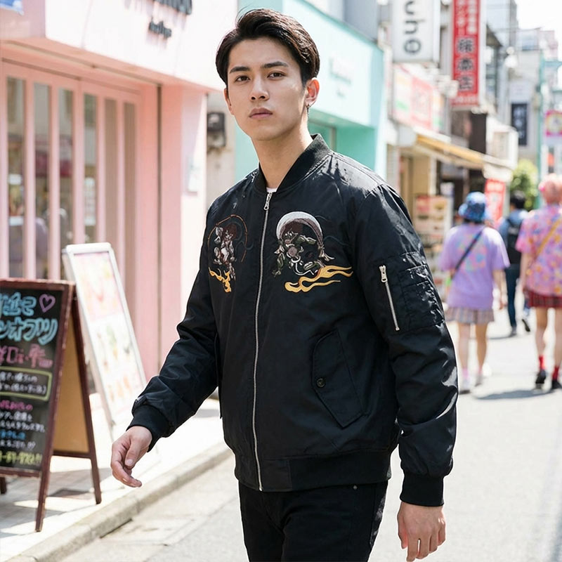 Mann trägt schwarze Sukajan Bomberjacke mit japanischem Design im urbanen Umfeld