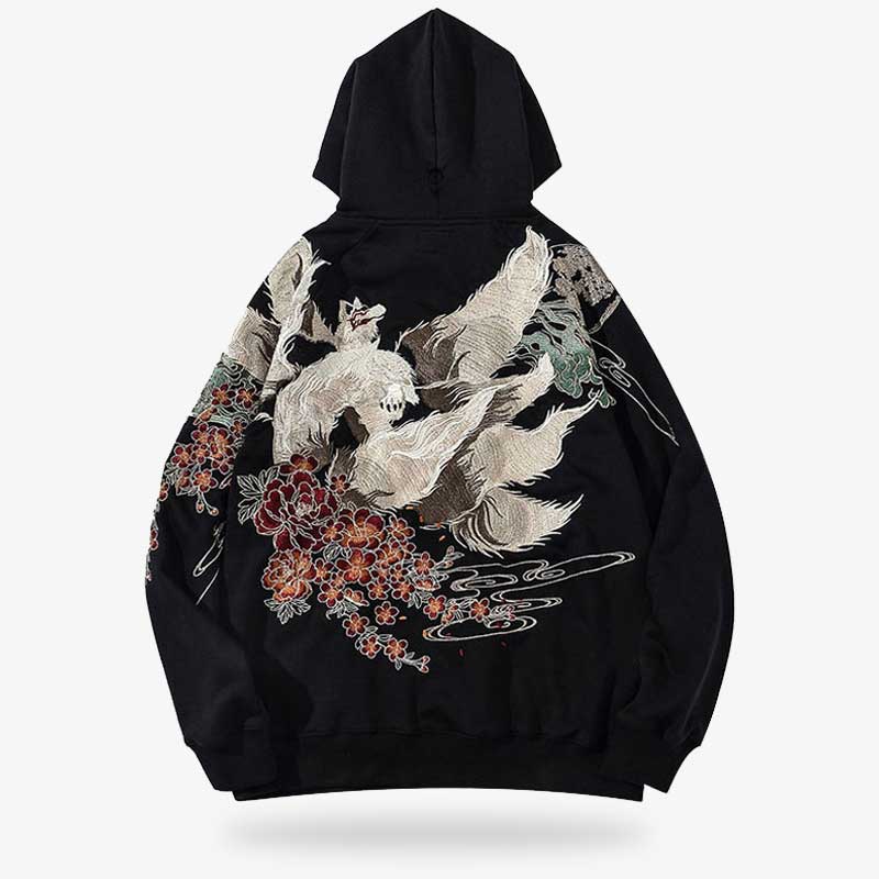 Schwarzer bestickter Kitsune Hoodie mit aufwendigem Fuchsmotiv aus hochwertiger Baumwolle