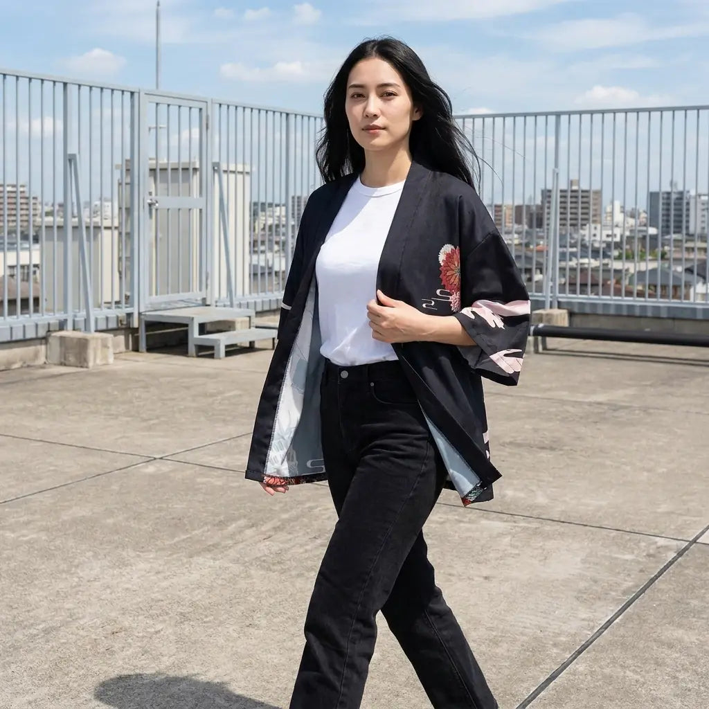 Schwarzer Haori für Damen offen getragen über weißem T-Shirt auf Dachterrasse