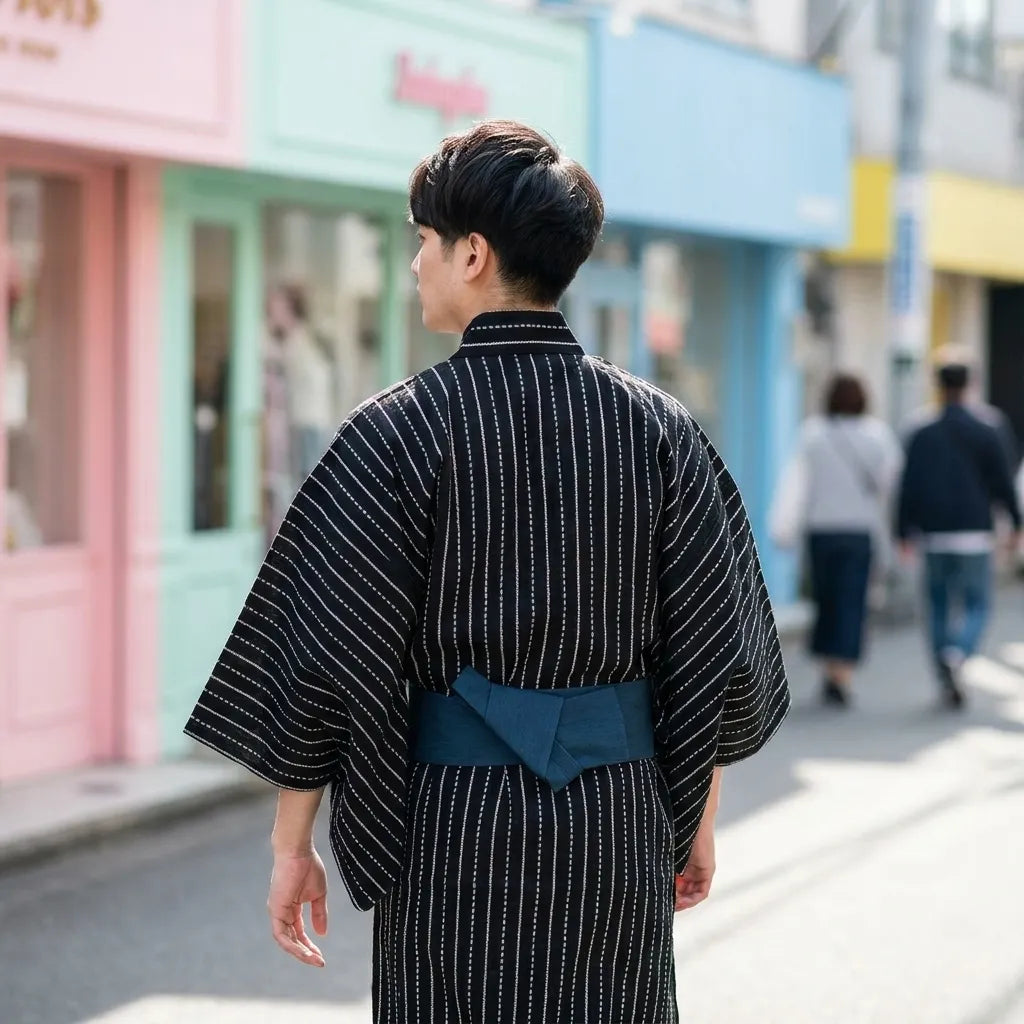 Nahaufnahme des schwarzen Kimono Cosplay Stoffes