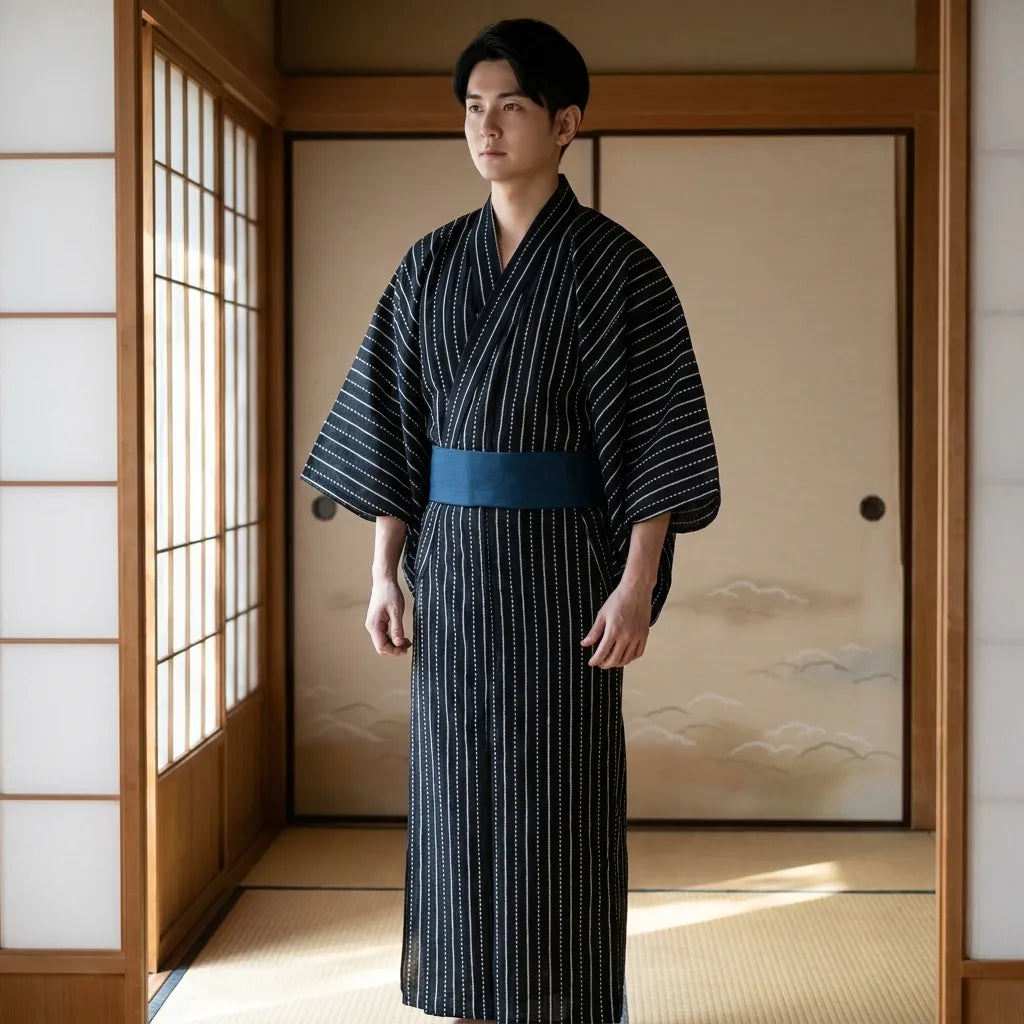 Herren Kimono Cosplay schwarz, Vorderansicht mit weiten Ärmeln