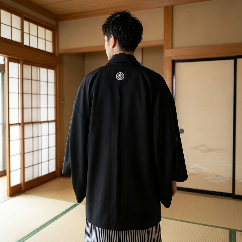 Detailansicht der schwarzen Haori-Jacke mit passenden Familienwappen