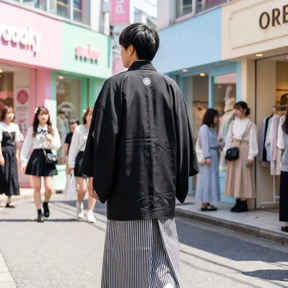 Gestreifte Hakama kombiniert mit schwarzem Kimono und weißem Juban