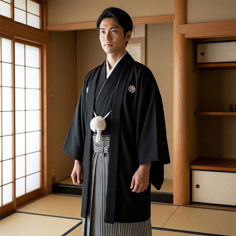 Schwarzer Kuro-Montsuki Kimono für Herren in der Vorderansicht mit Haori
