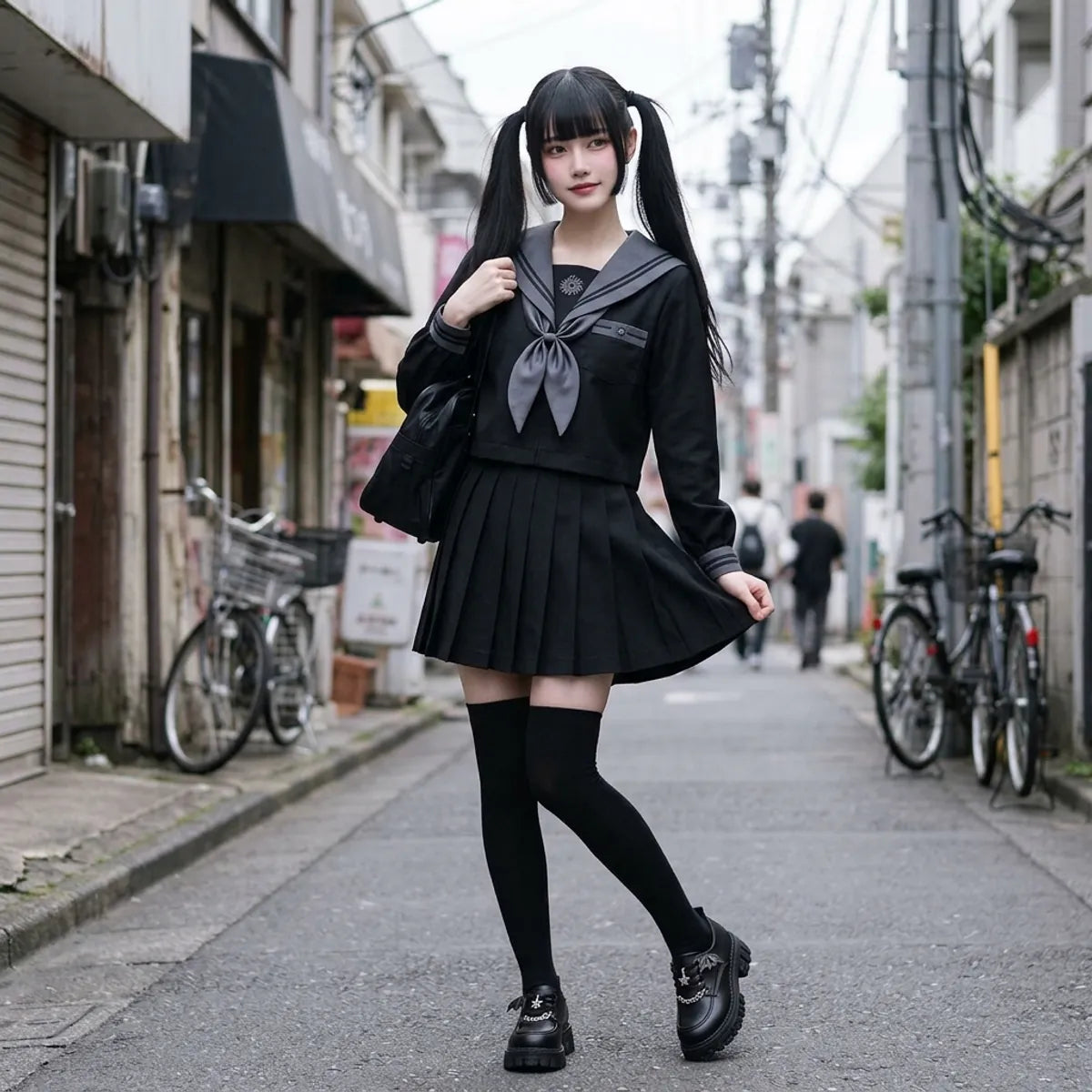 Schwarzer Sailor Fuku mit grauem Kragen und Schleife, getragen in einer Seitenstraße in Harajuku mit Schultasche