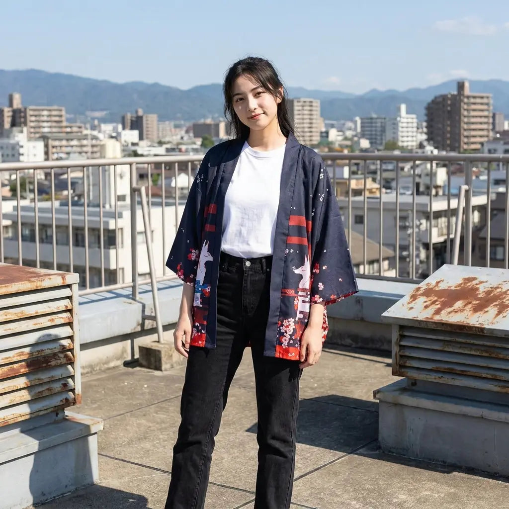 Schwarze Torii Kimono Wickeljacke auf einem Dach mit Hügeln im Hintergrund