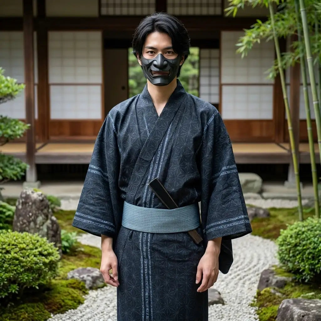 Detailansicht des geometrischen Musters am schwarzen Yukata