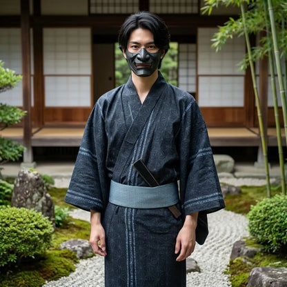 Detailansicht des geometrischen Musters am schwarzen Yukata