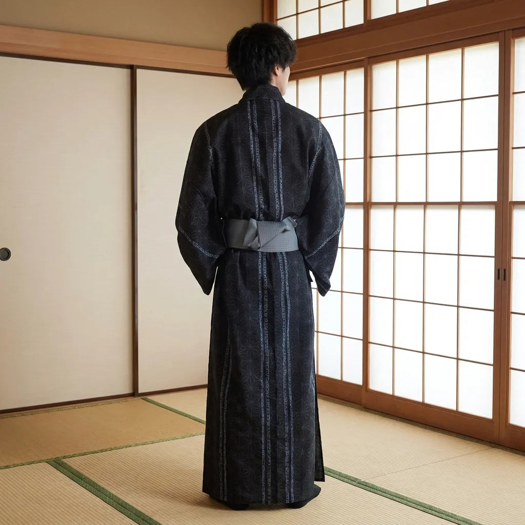 Schwarzer Herren-Yukata von hinten mit klarer Musterstruktur