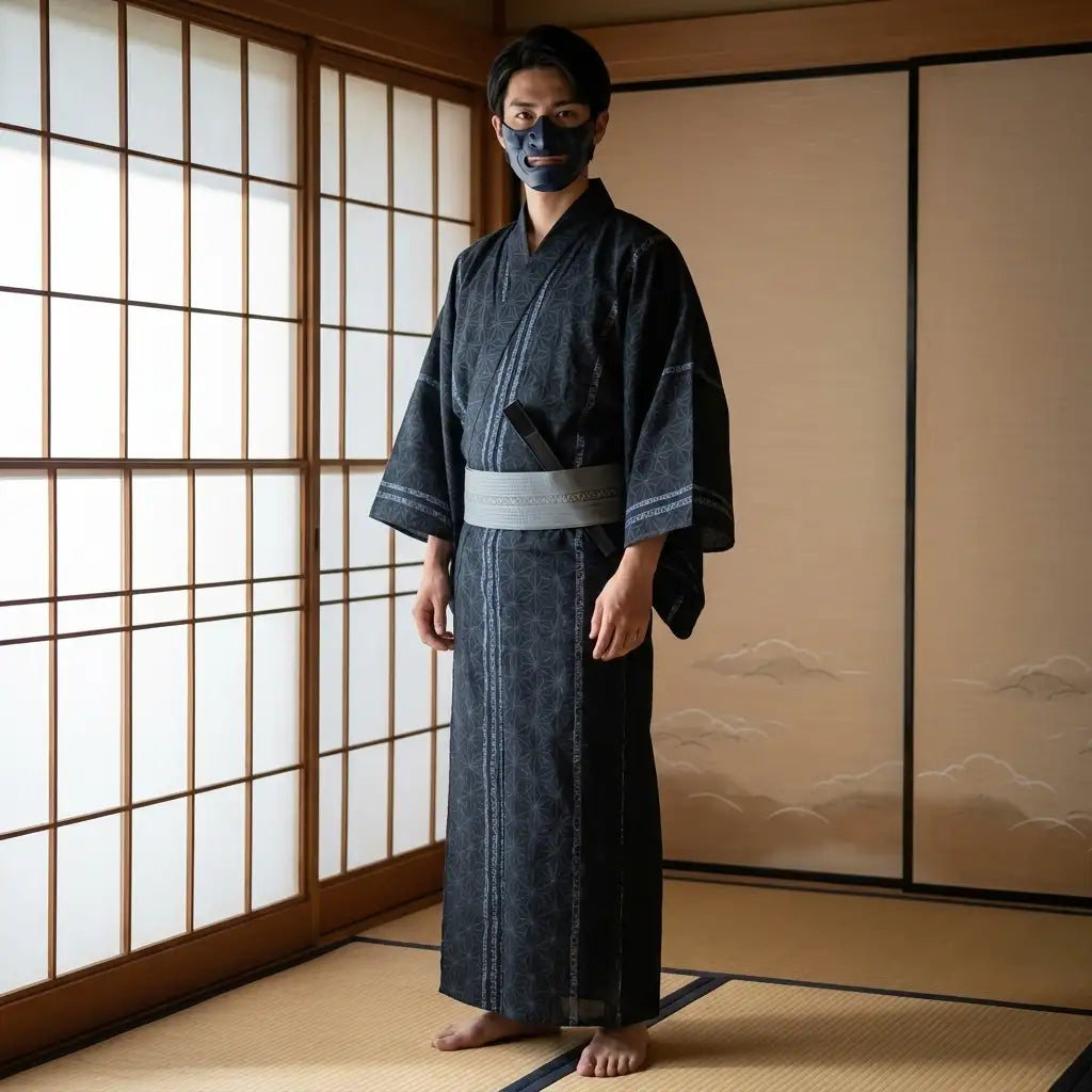 Schwarzer Yukata für Herren mit geometrischem Muster von vorne