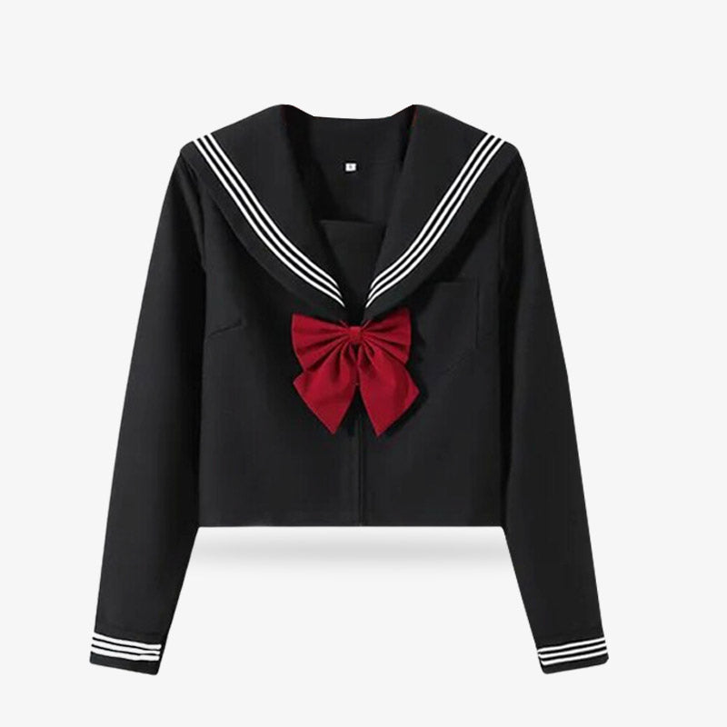 Schwarzes Sailor Fuku Cosplay-Kostüm mit roter Schleife und weißen Streifen