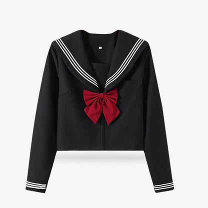 Schwarzes Sailor Fuku Cosplay-Kostüm mit roter Schleife und weißen Streifen