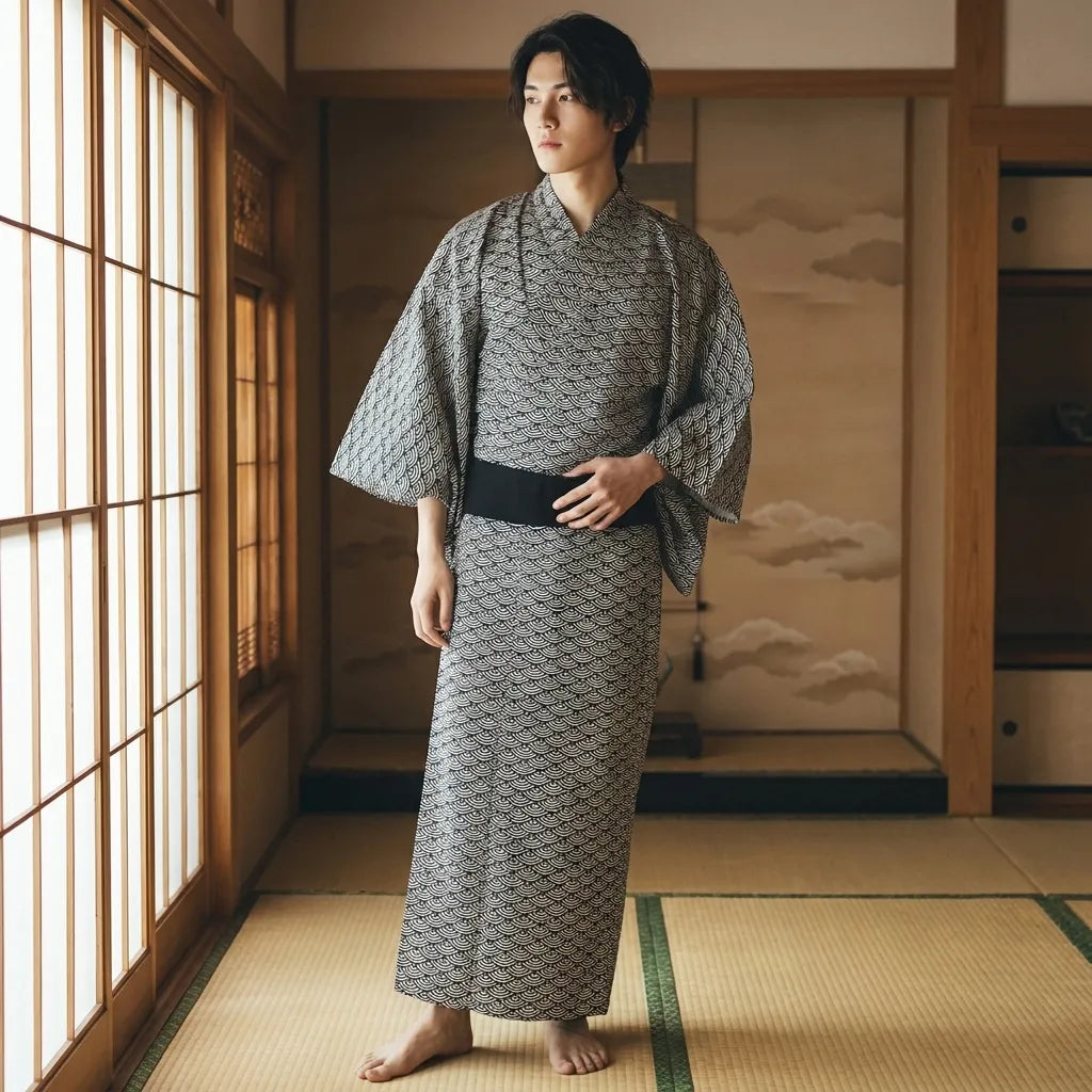 Detailansicht des Seigaiha Wellenmusters auf dem Stoff des Herren Kimonos