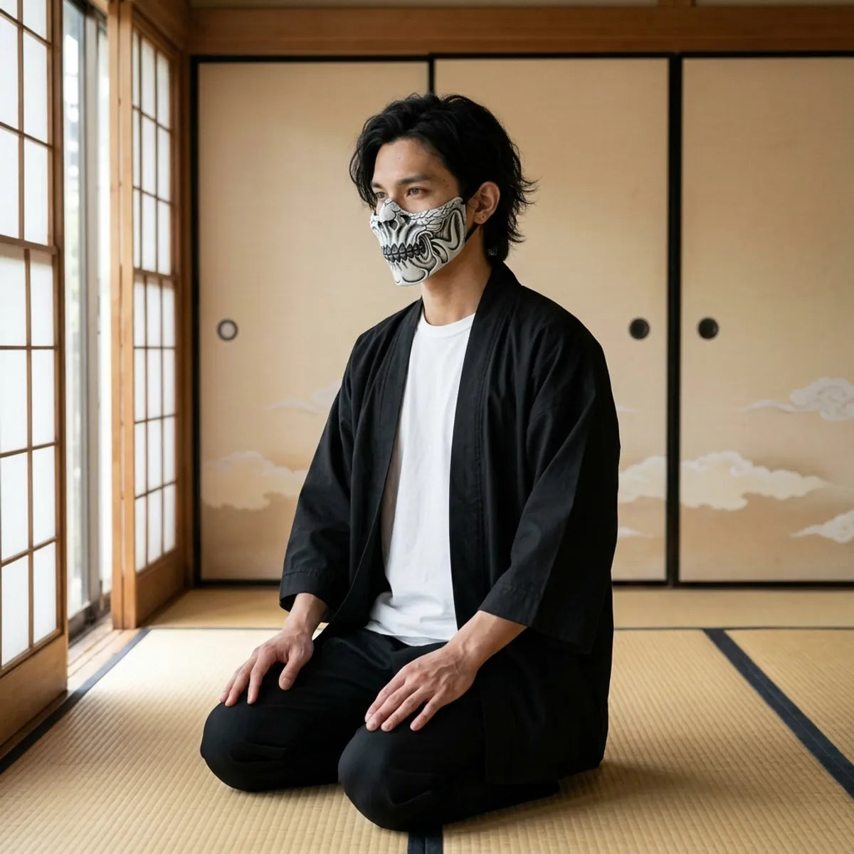 Shinigami Totenkopfmaske im Profil, rissige Wange und skelettartige Zähne, kniend auf Tatami