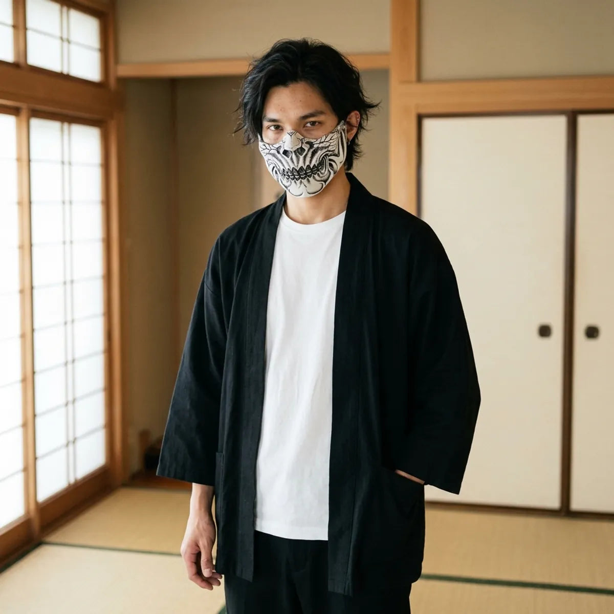 Totenkopf-Halbmaske mit rissiger weißer Bemalung, getragen in einem Tatami-Raum