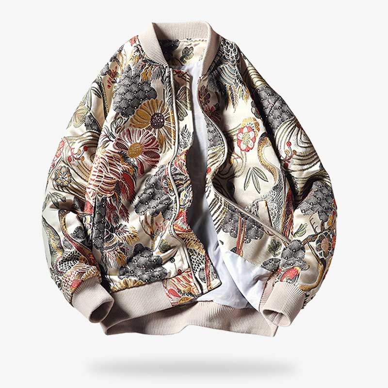 Weiße Souvenir Jacke mit kunstvoller Stickerei im japanischen Stil