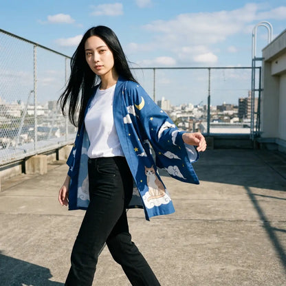 Kimono-Jacke mit Sternenhimmel-Motiv auf einer Dachterrasse getragen