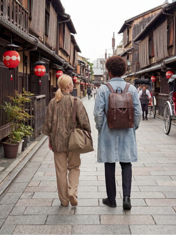 Zwei Personen spazieren durch eine Altstadtgasse in Kyoto